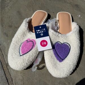 Roller Rabbit Cream Sherpa Slide Slippers with Tan Soles